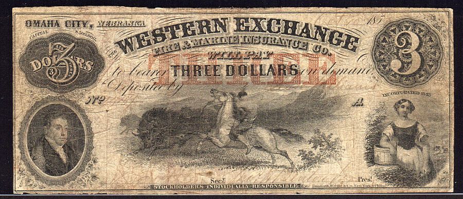 Omaha City, Nebraska 1857 $3, Western Exchange Insurance Co., F
